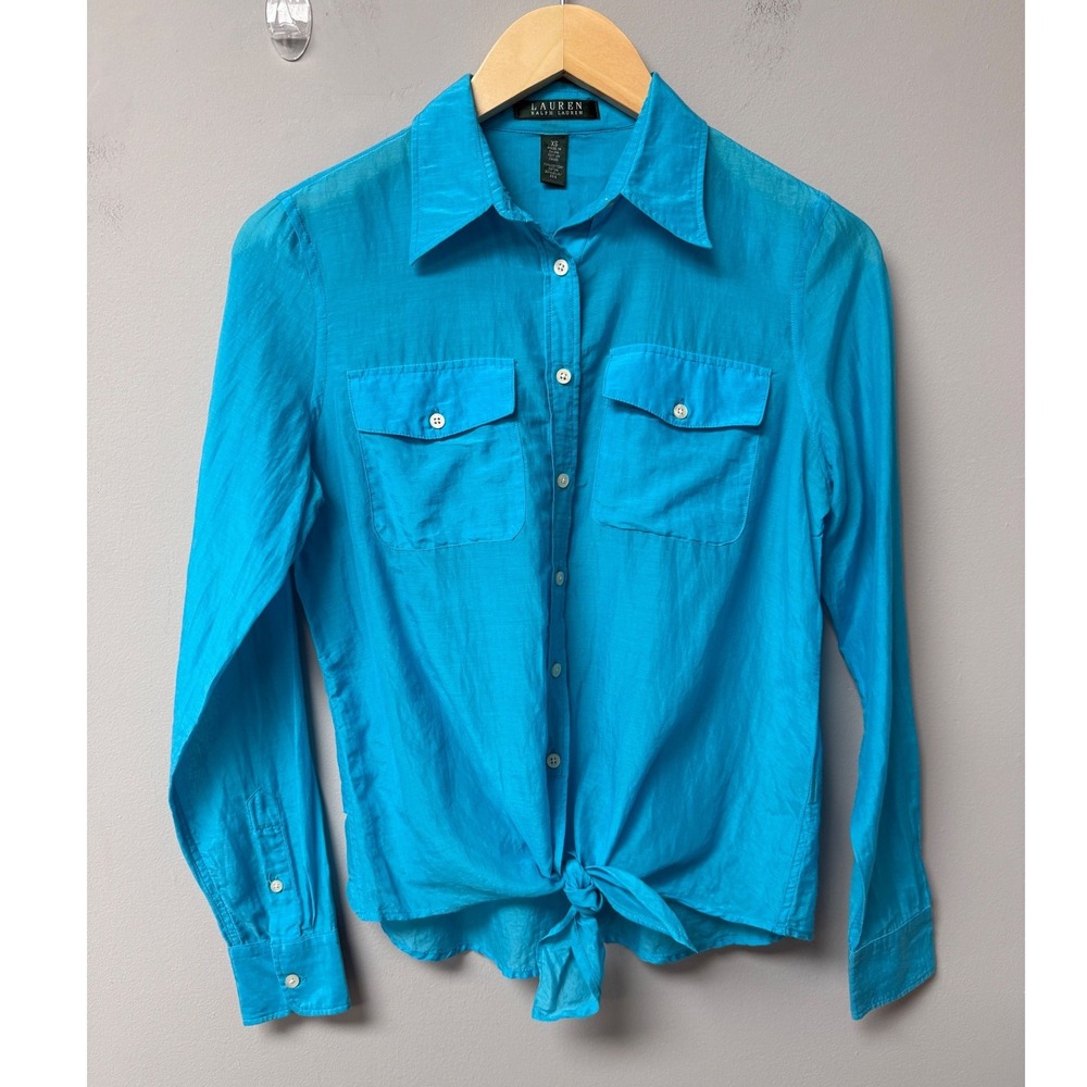 Lauren Ralph Lauren Button Front Shirt Womens XS Blue Tie‎ Front Silk Blend Top